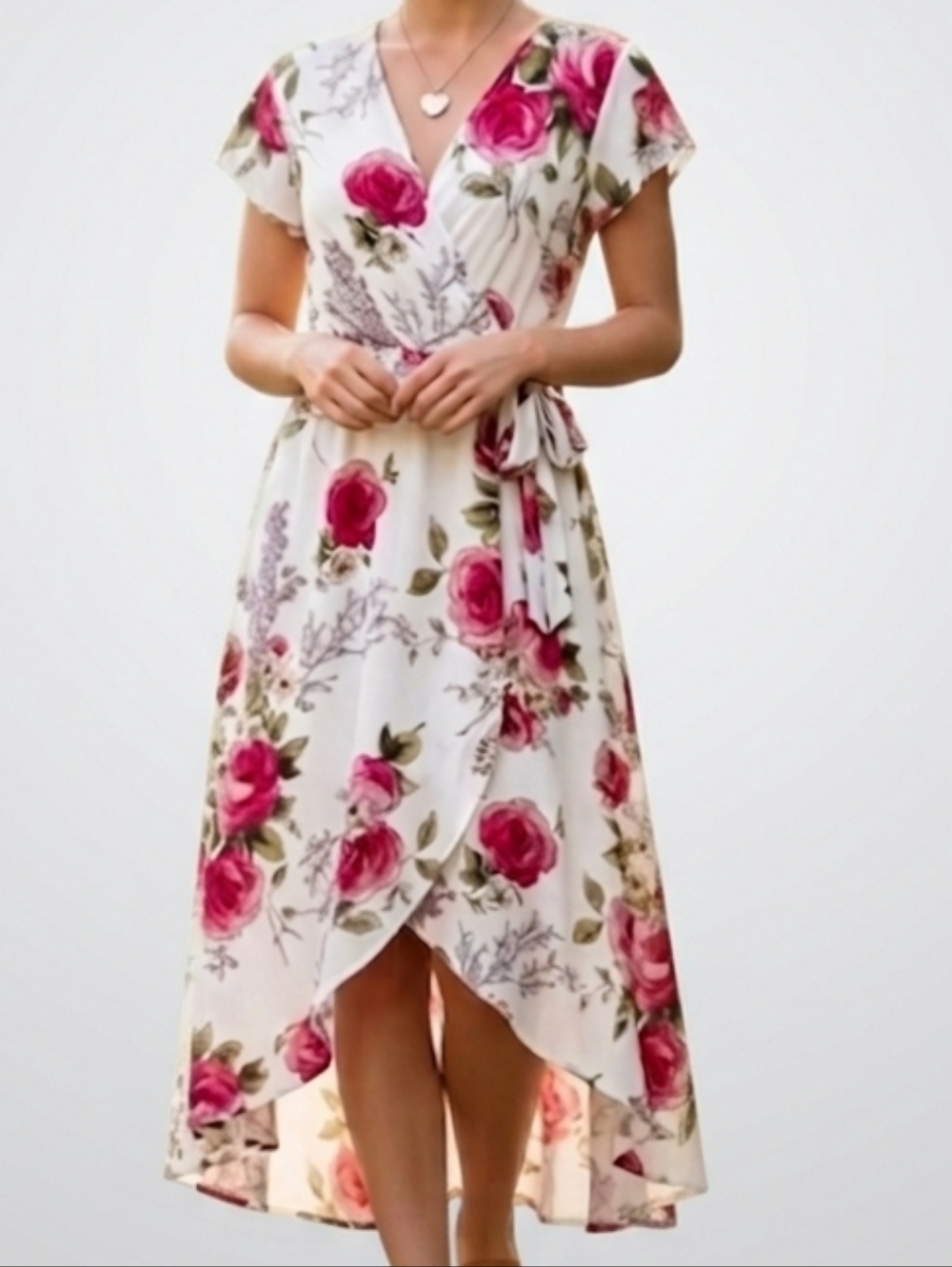 Floral Faux Wrap High-Low Midi Dress in Pink